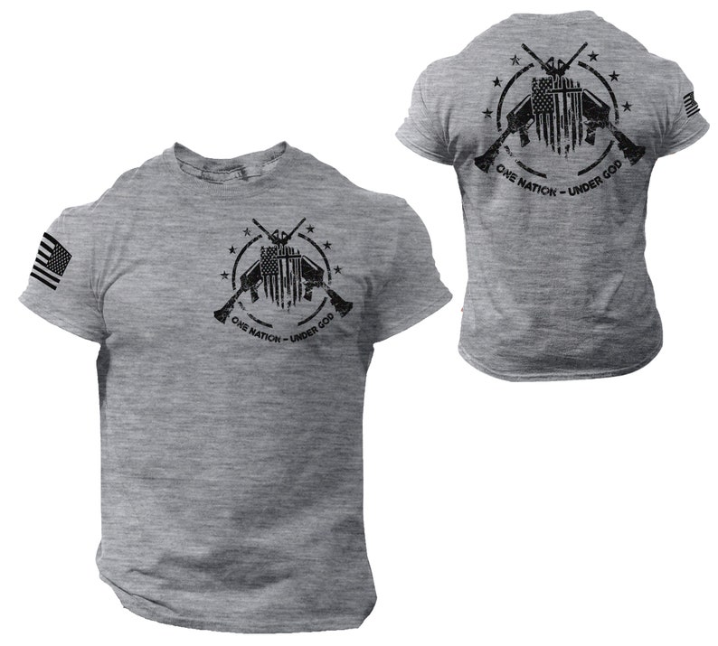 May include: Two gray t-shirts with a black graphic print of crossed rifles and an American flag with the text "One Nation - Under God".