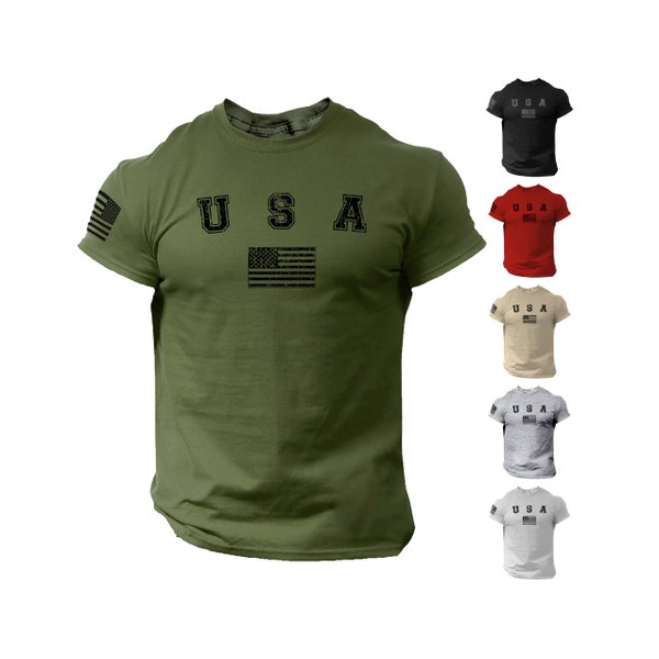 USA Flag Men College Shirt Patriotic Gym American | Patriotic American Tee | Army Style | 100% Cotton