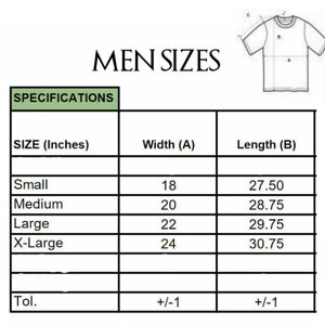 May include: A size chart for men's shirts with measurements in inches. The chart shows the width and length of shirts in sizes small, medium, large, and extra large. The chart also includes a tolerance of plus or minus one inch.