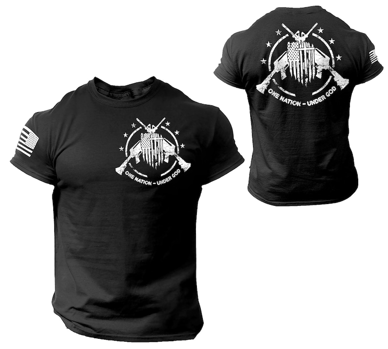 May include: Black t-shirt with a white graphic of crossed rifles and an American flag with the text "One Nation - Under God".