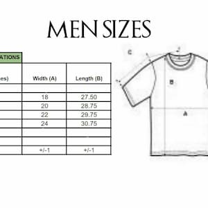 Puede incluir: Un gr&aacute;fico que muestra las tallas de camisetas para hombres con medidas en pulgadas para el ancho y la longitud. El gr&aacute;fico incluye las tallas peque&ntilde;a, mediana, grande y extra grande. La tolerancia para cada medida es de +/- 1 pulgada.