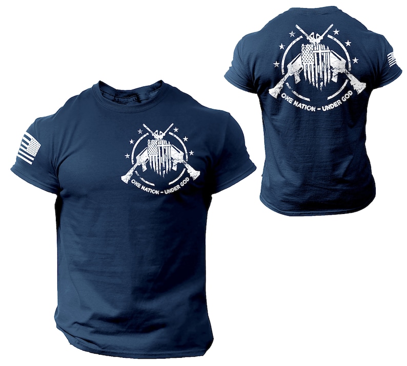 May include: Navy blue t-shirt with a white graphic of crossed rifles and an American flag with the text "One Nation - Under God".