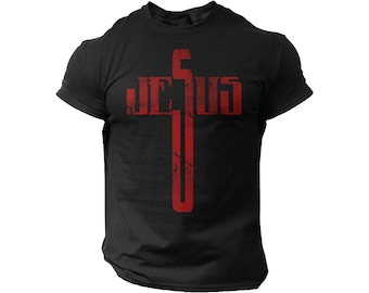 Christian Men Cross T-Shirt Vintage Style  Faith Bible Religious Shirt