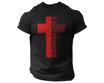 Men Cross T-Shirt Vintage Style  Faith Bible Shirt