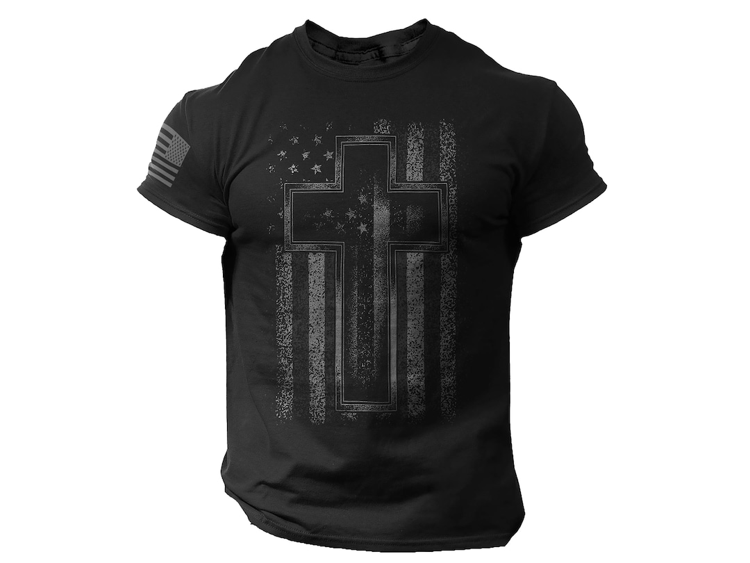 Cross USA Flag T-Shirt Christian Men Faith Gym Christ Casual 100% Cotton Top