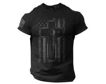 Camiseta cristiana con la bandera de Estados Unidos y la cruz para hombre, estilo informal, 100 % algodón.
