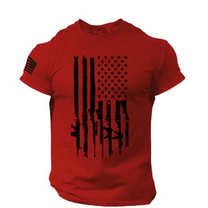 USA Flag Guns T Shirt America Freedom Rifles Shirt 2nd Amendment | Patriotic American Tee | Army Style | 100% Cotton Red