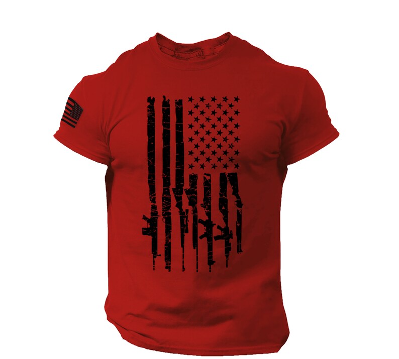 USA Flag Guns T Shirt America Freedom Rifles Shirt 2nd Amendment | Patriotic American Tee | Army Style | 100% Cotton Red