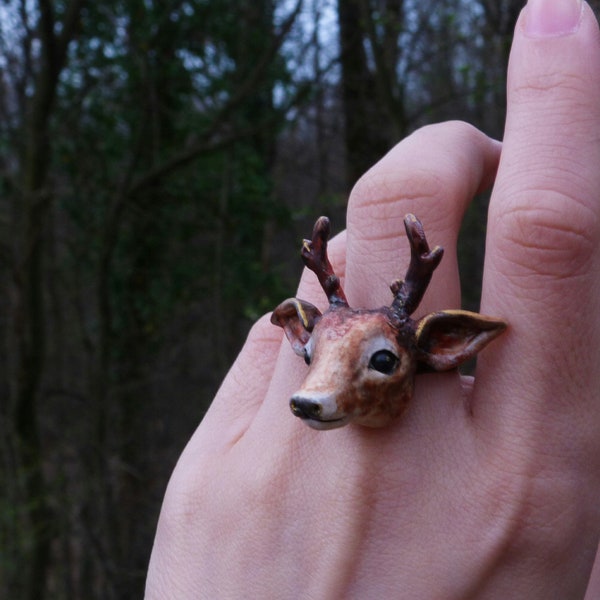Deer ring, polymer clay deer, stag with antlers, ring buck, young deer, animal lover gift, forest jewelry, cottagecore, fae jewelry, animals