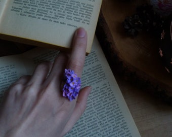 Lilacs ring Flower ring Miniature flowers ring Polymer clay tiny jewelry Violet lilac flowers Purple floral ring
