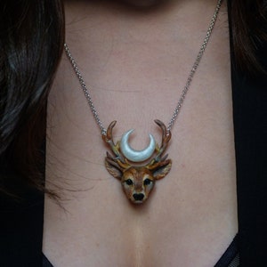 Deer necklace, polymer clay deer, stag, buck, moon necklace, antlers jewelry, forest jewelry, miniature deer pendant, gift for her, women