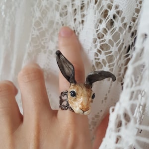 Hare March Hare Rabbit ring Bunny ring Polymer clay hare ring Rabbit Bunny Alice in Wonderland