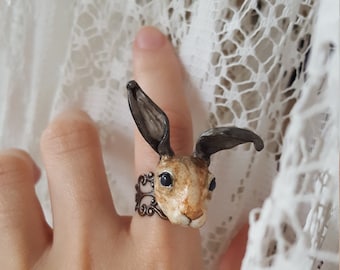 Hare March Hare Rabbit ring Bunny ring Polymer clay hare ring Rabbit Bunny Alice in Wonderland