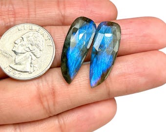 Blue Fire Labradorite Rose Cut Pair: Faceted Cabochon, 30x11x4mm