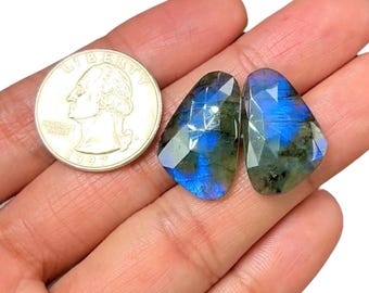 Blue Fire Labradorite Rose Cut Pair: Faceted Cabochon (25x15.5x4mm)
