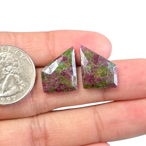 Rose Cut Ruby Fuchsite Pair 26x16.5x4mm Faceted Cabochon Slices Natural Gemstone Jewelry