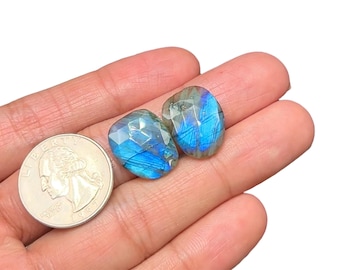 Blue Fire Labradorite Pair: Rose Cut Faceted Cabochons 18x15x3.5mm