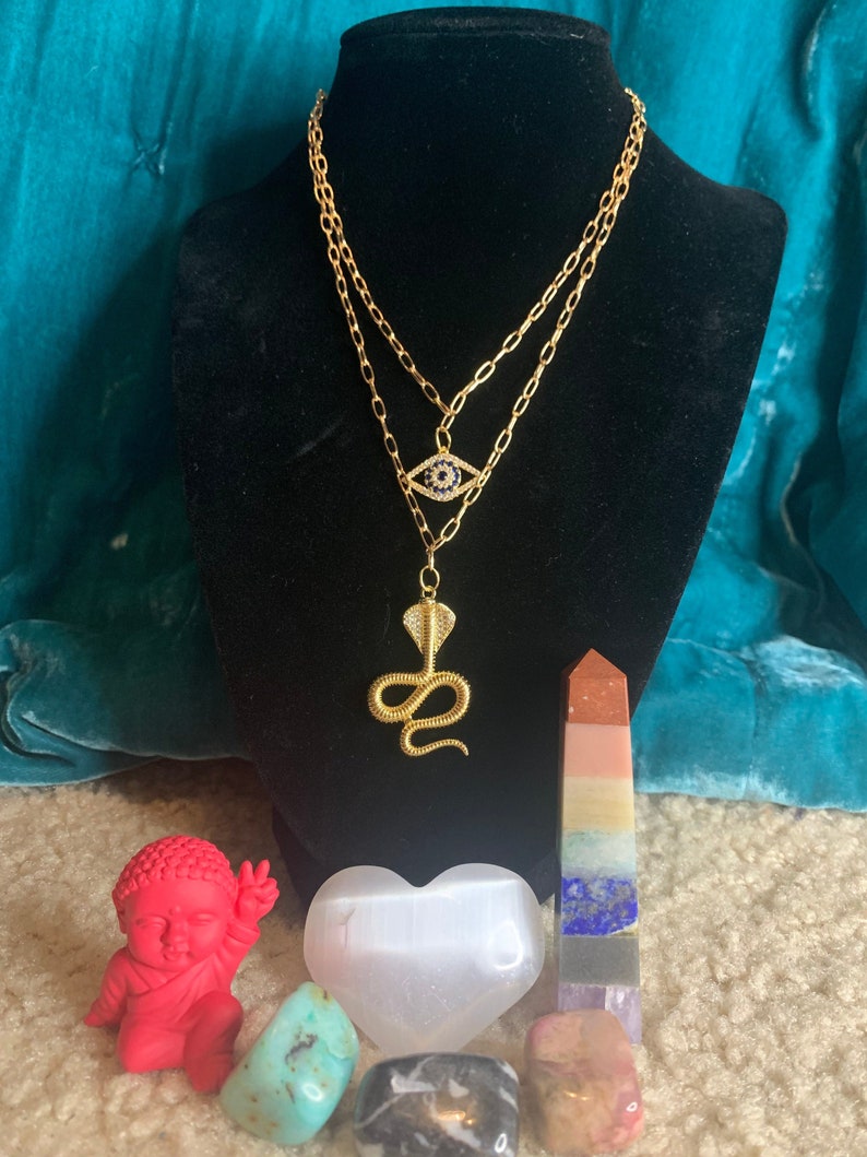 gold chain necklace pave evil eye charm king cobra snake charm 22k gold filled snake charm 14k gold filled evil eye spiritual