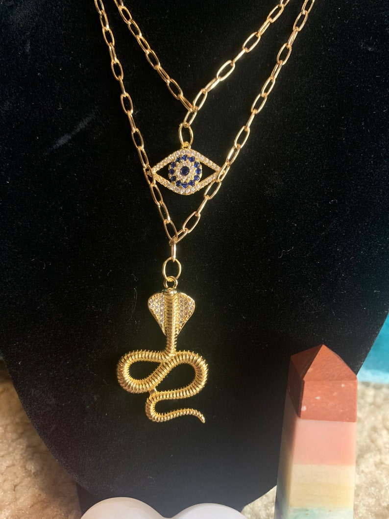 gold chain necklace pave evil eye charm king cobra snake charm 22k gold filled snake charm 14k gold filled evil eye spiritual