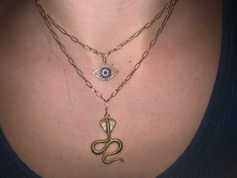 gold chain necklace pave evil eye charm king cobra snake charm 22k gold filled snake charm 14k gold filled evil eye spiritual