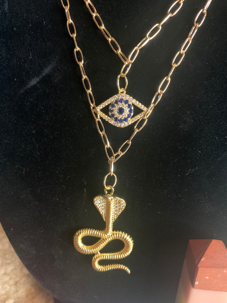 gold chain necklace pave evil eye charm king cobra snake charm 22k gold filled snake charm 14k gold filled evil eye spiritual