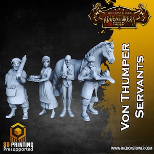 Puede incluir: Cinco figuras en miniatura de sirvientes impresas en 3D, incluyendo una criada, un mayordomo, un cocinero, un mozo de cuadra y un caballo. Las figuras están pintadas en color gris claro y están en varias posiciones. Las figuras son parte de un conjunto llamado "Von Thumper Servants" y están disponibles para su compra en el sitio web www.thelionstower.com.