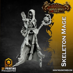May include: A 3D printed miniature of a skeleton mage wearing a robe and holding a staff with a skull orb. The miniature is pre-supported and is part of The Lion's Tower Adventurers Guild.