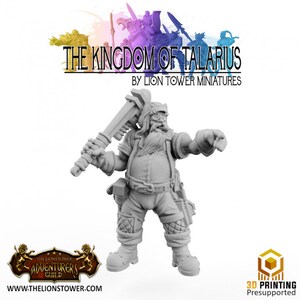 May include: A grey plastic miniature of a dwarf with a beard and goggles, holding a wrench and wearing a tool belt. The miniature is part of a set called "The Kingdom of Talarius" by Lion Tower Miniatures.