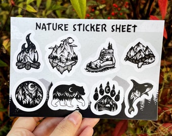 Nature Sticker Pack | PNW Sticker Set | Wilderness Mountain Stickers | Camping Hiking Stickers | Nature Lover Gift | Wildlife Stickers