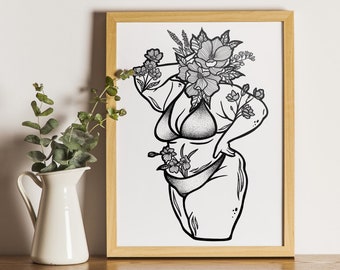 Body Positivity Line Drawing Wall Art | Floral Female Body Positive Line Art | Curvy Woman Art Print | Fat Positive Self Love Art Print