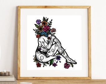 Colorful Body Positive Art Print | Floral Nude Curvy Woman Art | Floral Female Line Drawing | Self Love Art Print | Body Positive Wall Art