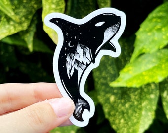Orca Killer Whale Vinyl Sticker | PNW Mountain Whale Decal | Orca Lover Gift | Puget Sound Art | Whale Sticker | Orca Whale Decor | Orca Art