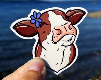 Cute Cow Sticker | Floral Brown And White Cow Vinyl Sticker Decal | Cow Lovers | Cow Gifts | Cow Sticker For Water Bottle | Cow With Flowers