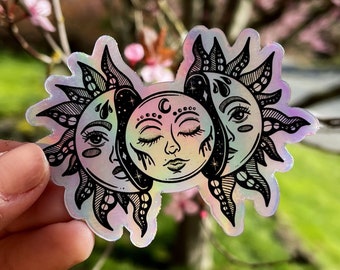 Holographic Sun And Moon Vinyl Die Cut Sticker | Sun And Moon Decal | Galaxy Sticker | Witchy Gifts | Celestial Art