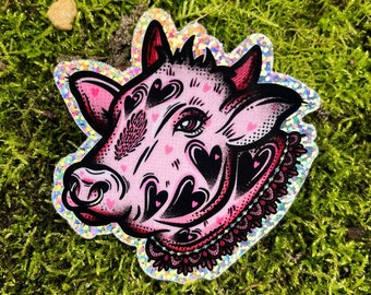 Pink Cow Glitter Vinyl Sticker Decal | Cute Strawberry Cow Stickers | Adorable Cow Lover Gift | Girly Cow Art | Dairy Cow Sticker | Cow Art
