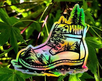 Holographic Hiking Boot Sticker | Mountain Forest Hiking Decal | Adventure Sticker Decal | Camping Lover Sticker | Hiking Stickers | PNW Art