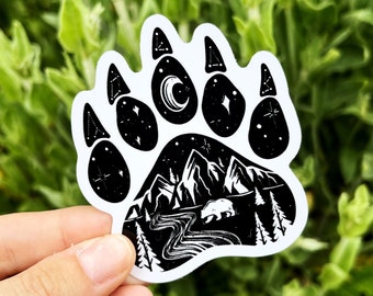 Bear Paw Print Vinyl Sticker | PNW Mountain Landscape Bear Paw Decal | Hiking Lover Stickers | Adventure Stickers | Bear Paw Art Decal