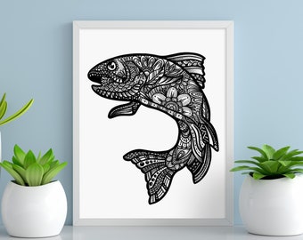 PNW Salmon Print | Salmon Fish Illustration | Fly Fishing Art | Salmon Wall Art | Salmon Gifts | Fishing Decor | Wildlife Print | PNW Decor