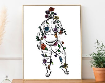 Floral Nude Curvy Woman Art | Body Positive Print | Floral Woman Line Drawing | Self Love Art Print | Feminine Wall Art | Female Figure Art