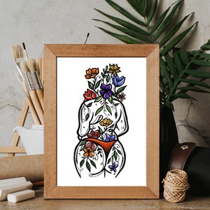 Body Positive Print | Body Positivity Wall Art | Floral Woman Line Drawing | Body Positive Line Art | Curvy Woman Art Print | Fat Positive