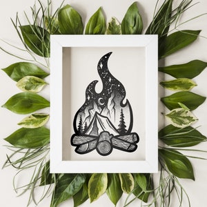 PNW Campfire Mountain Night Sky Art Print | Cute Camping Wall Decor | Gifts For Nature Lovers | Wanderlust Art Print | Nature Camp Decor