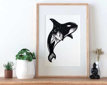 PNW Landscape Orca Killer Whale Print | Whale Wall Art Decor | Puget Sound Gifts | Orca Lover Gifts | Orca Mountain Art | Whale Art Print