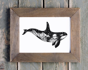 PNW Landscape Orca Killer Whale Art Print | Killer Whale Wall Art Decor | Orca Nature Art Print | Puget Sound Gifts | Orca Whale Lover Gifts