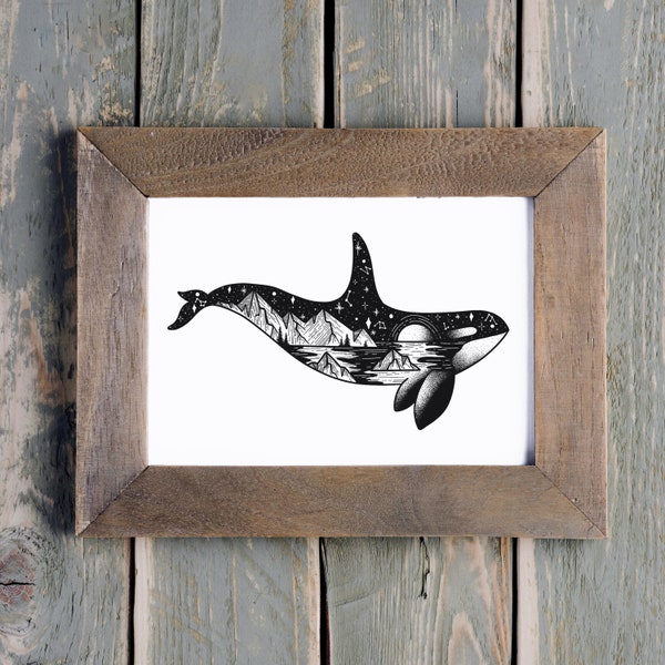 PNW Landscape Orca Killer Whale Art Print | Killer Whale Wall Art Decor | Orca Nature Art Print | Puget Sound Gifts | Orca Whale Lover Gifts