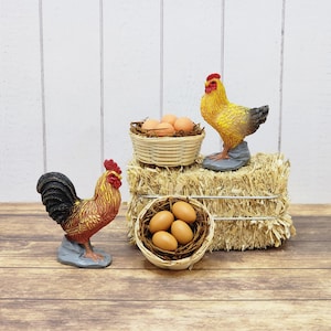 Miniature Rooster,Miniature Chicken,Egg Basket,Mini Straw Bale,Miniature Basket of Eggs,Fairy Garden Accessories,Diorama,Mini Farm Animals
