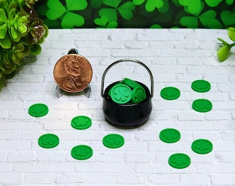 Tiny Shamrock Coins,10mm,Green,St.Patricks Day Coins,Shamrocks,Clovers,St.Patricks Day Miniatures,Dollhouse Miniatures,Diorama,Pot Of Gold