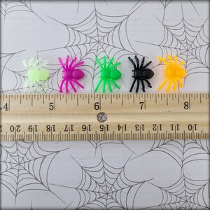 May include: Five plastic toy spiders in different colors: green, pink, black, orange, and glow-in-the-dark green. The spiders are arranged in a row on a white surface with a wooden ruler behind them.