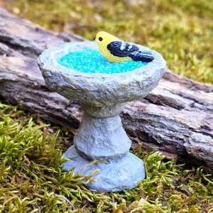 May include: A miniature stone bird bath with a blue water feature and a small yellow and black bird perched on the rim.