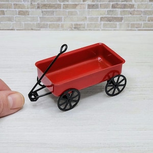 Miniature Little Red Wagon,Turning Wheels,Metal,1:12 Scale,Dollhouse Miniature,Fairy Garden Accessory,Garden Miniatures,Christmas Miniatures