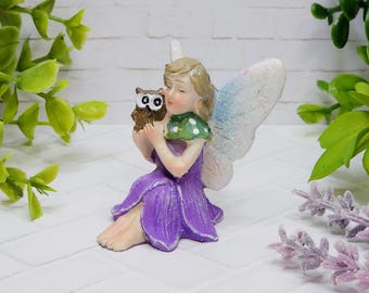 Fairy With Owl,Fairy Figurine,Miniature Fairy,Yellow,Glittered Wings,Woodland Fairy,Fairy Garden Accessory,Fairy For Garden,Terrarium Supply